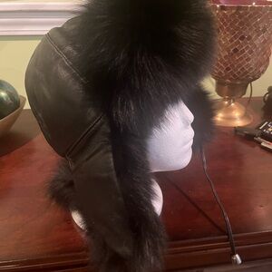 Brand new, genuine leather and rabbit fur Black Fur Aviator Hat